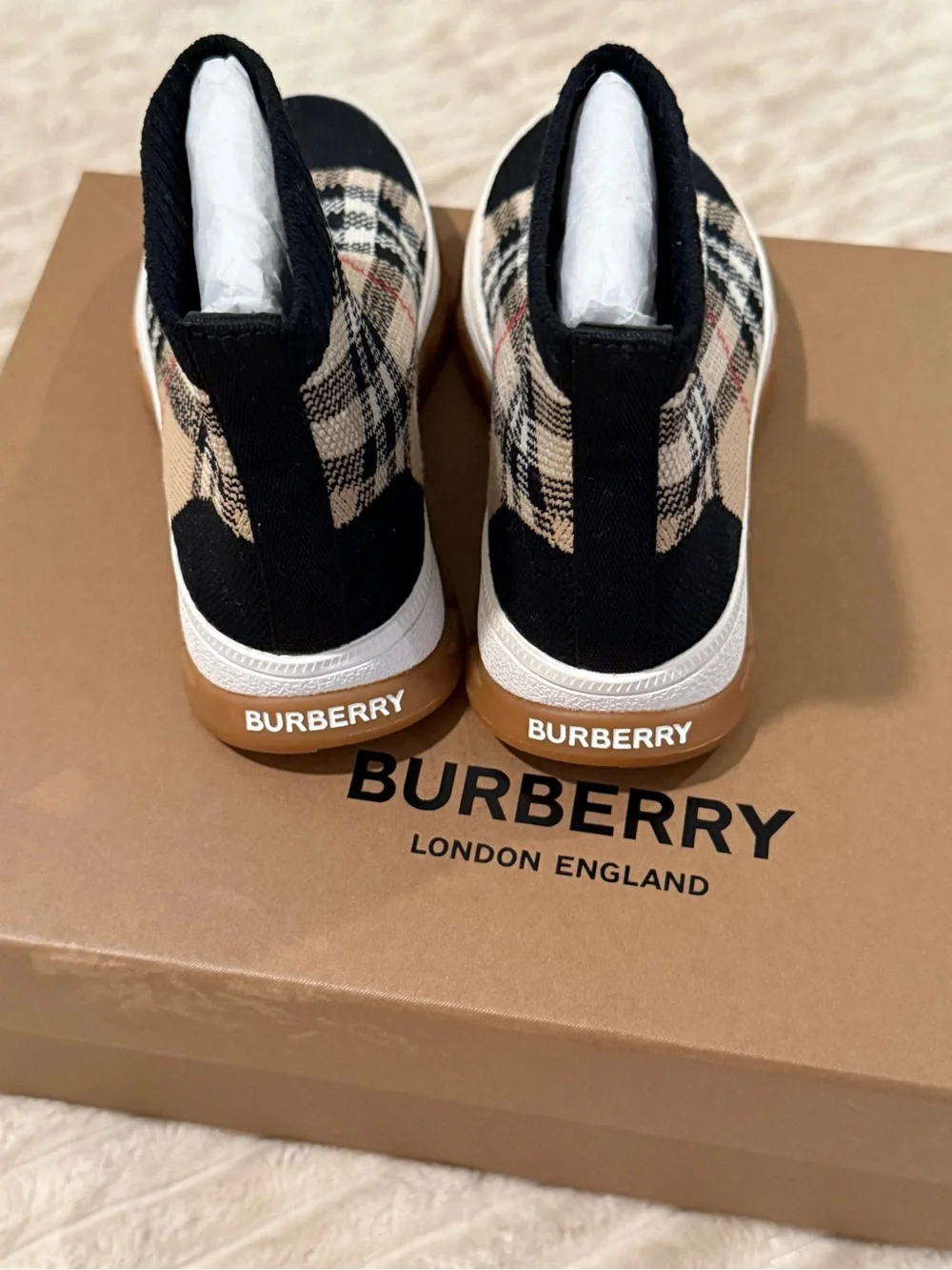 Burberry Beige Check Sock Sneaker Boots - kids